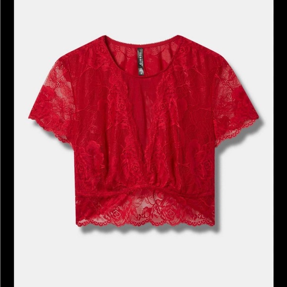 Torrid FLORAL LACE SHORT SLEEVE CROP TOP Red Size 0 - Picture 2 of 6